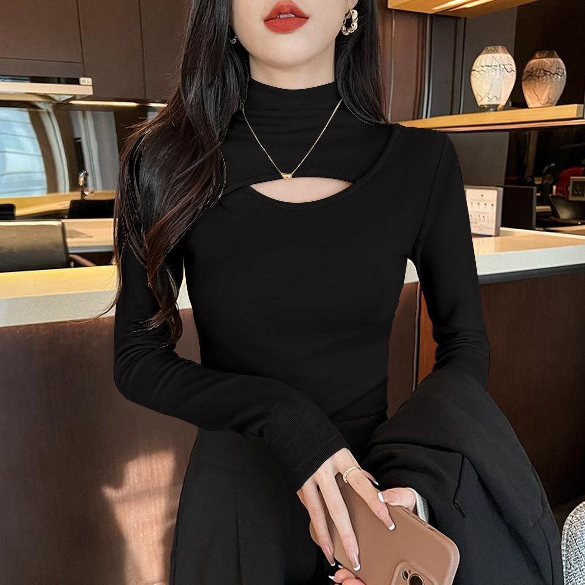 長袖鏤空微高領針織上衣 網美感鏤空設計 修身顯瘦 彈性親膚