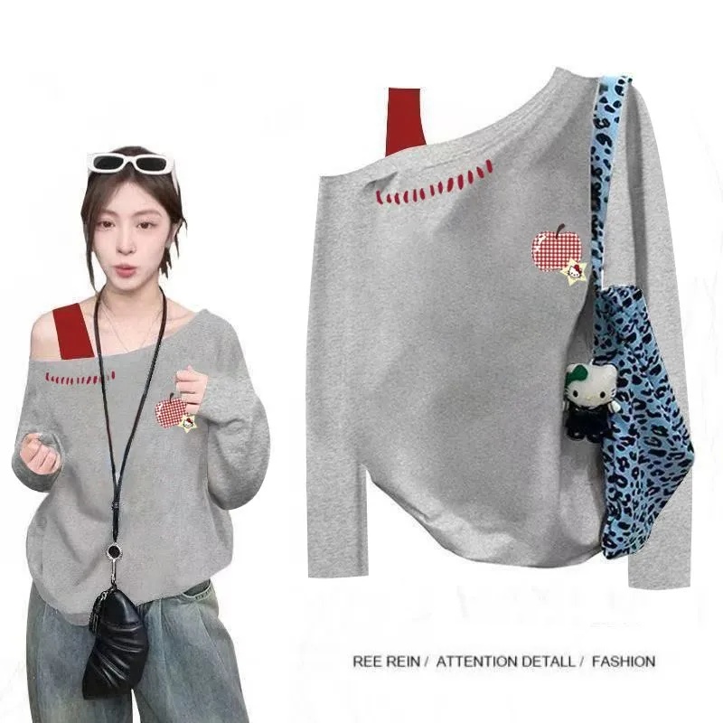 純棉斜肩假兩件長袖T恤 秋季寬鬆 設計感印花 不對稱露肩 百搭