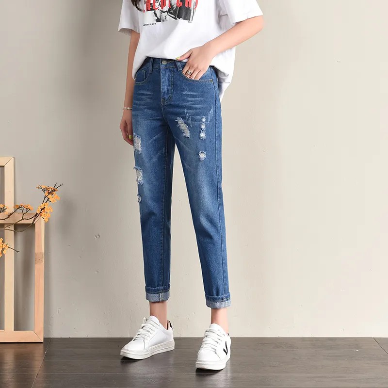 潮流韓妞 高人氣時尚寬鬆破洞顯瘦高腰哈倫九分牛仔褲