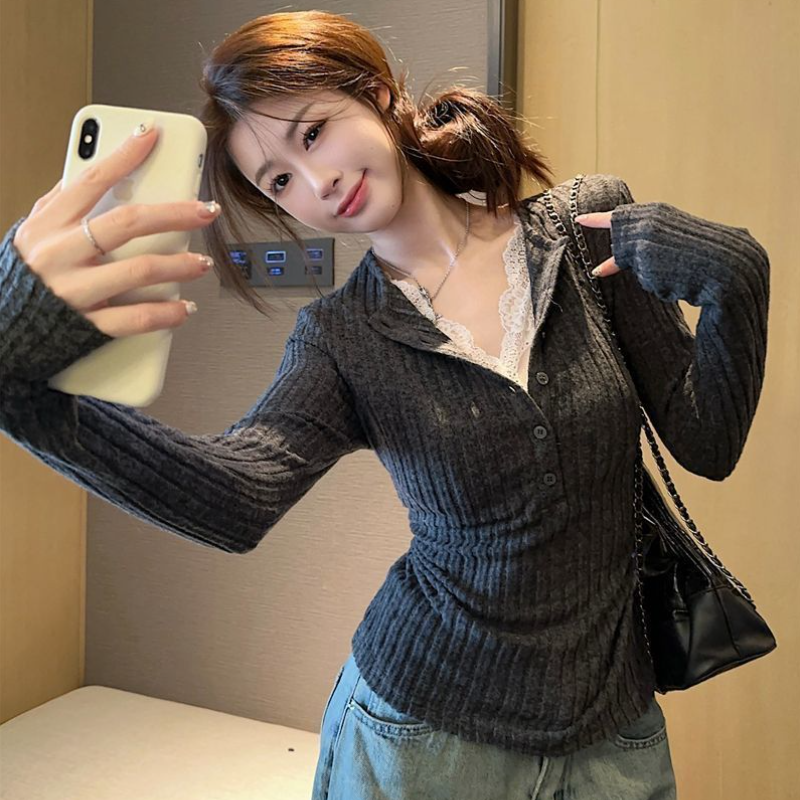 假兩件蕾絲拼接針織上衣 坑條羅紋 秋冬收腰修身長袖打底款