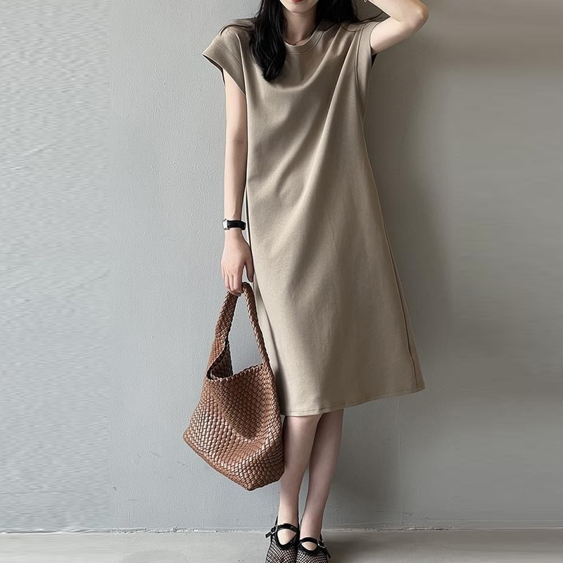 日系質感飛袖棉質洋裝 寬鬆剪裁中長版T恤洋裝