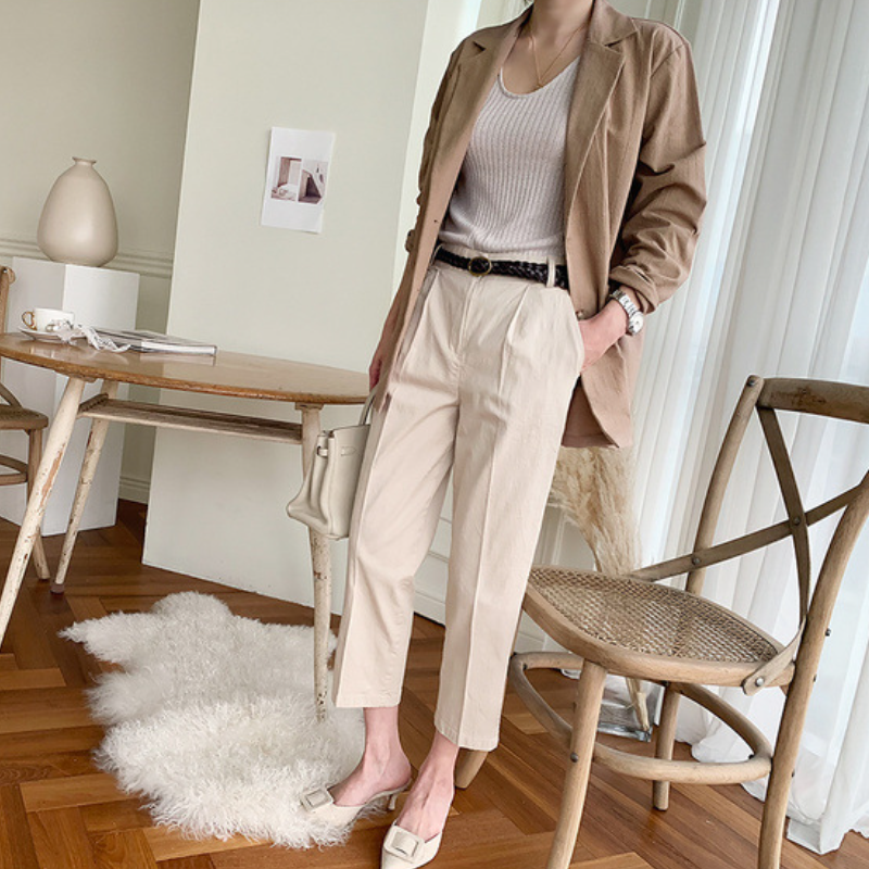 早秋韓國棉麻西裝外套 寬鬆英倫風小西服