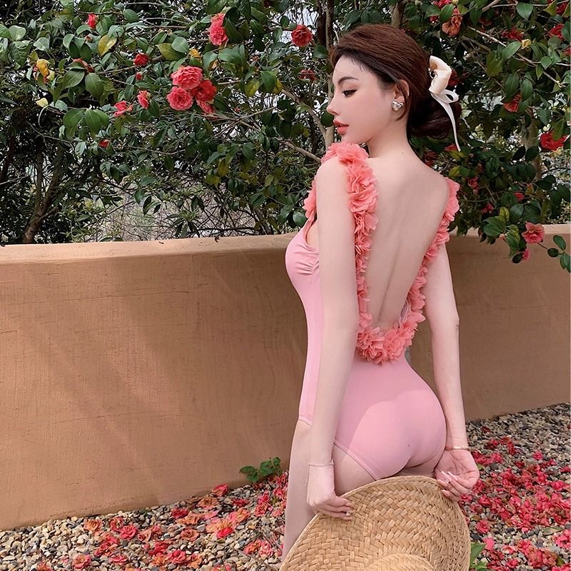 立體花邊連身泳衣 美背露背設計 修飾身形 氣質款