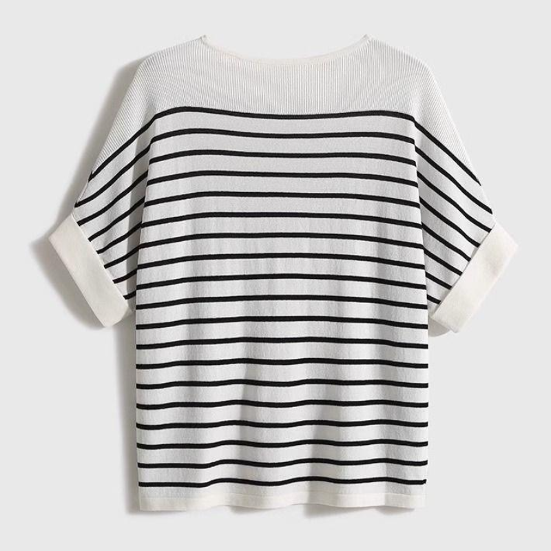 涼感冰絲逆齡短袖上衣 天絲觸感鎖骨微露不曝曬 懶人穿搭百搭條紋蝙蝠袖