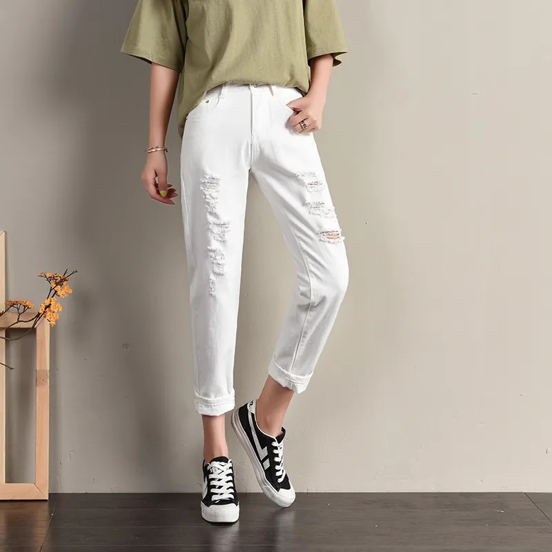 潮流韓妞 高人氣時尚寬鬆破洞顯瘦高腰哈倫九分牛仔褲