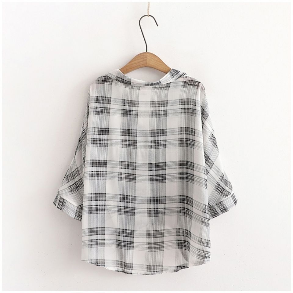 韓系格紋豹紋罩衫兩件組 冷氣房抗凍雪紡蝙蝠袖+防走光背心