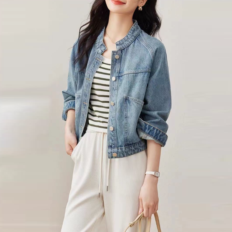 復古水洗牛仔短外套 立領顯高小個子長袖上衣