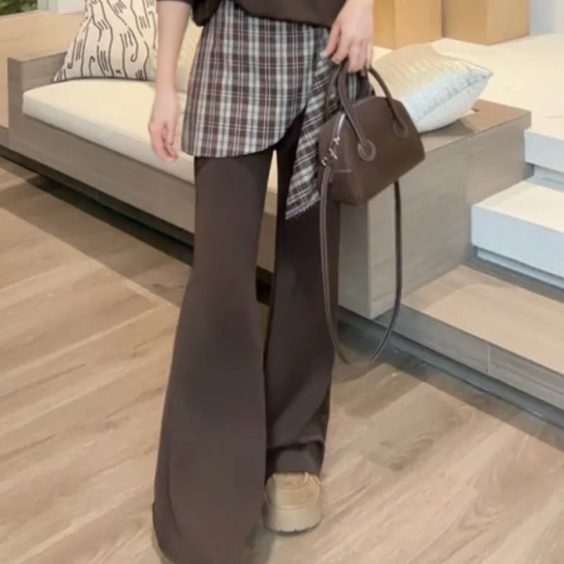 兩件式休閒套裝 長袖上衣＋高腰寬褲（拼接設計）