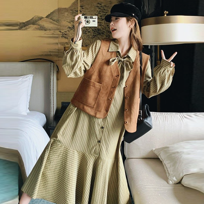 韓系條紋襯衫洋裝＋背心 兩件式套裝 長袖成套穿搭 設計感新款