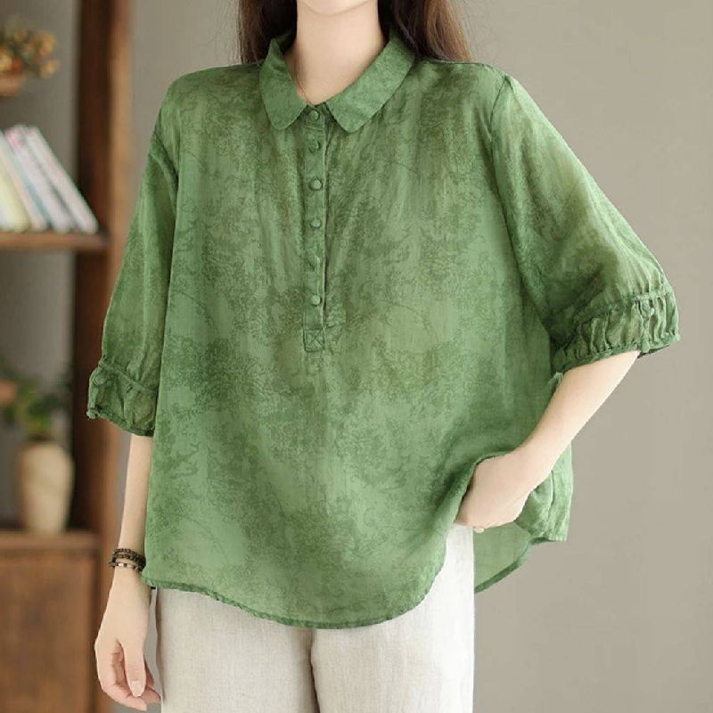 精緻提花翻領棉麻襯衫 復古五分袖顯瘦遮肉薄款上衣