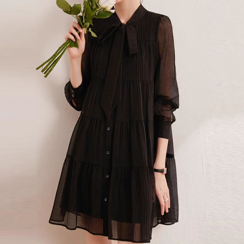 綁帶立領層次蛋糕洋裝 長袖‧輕甜氣質