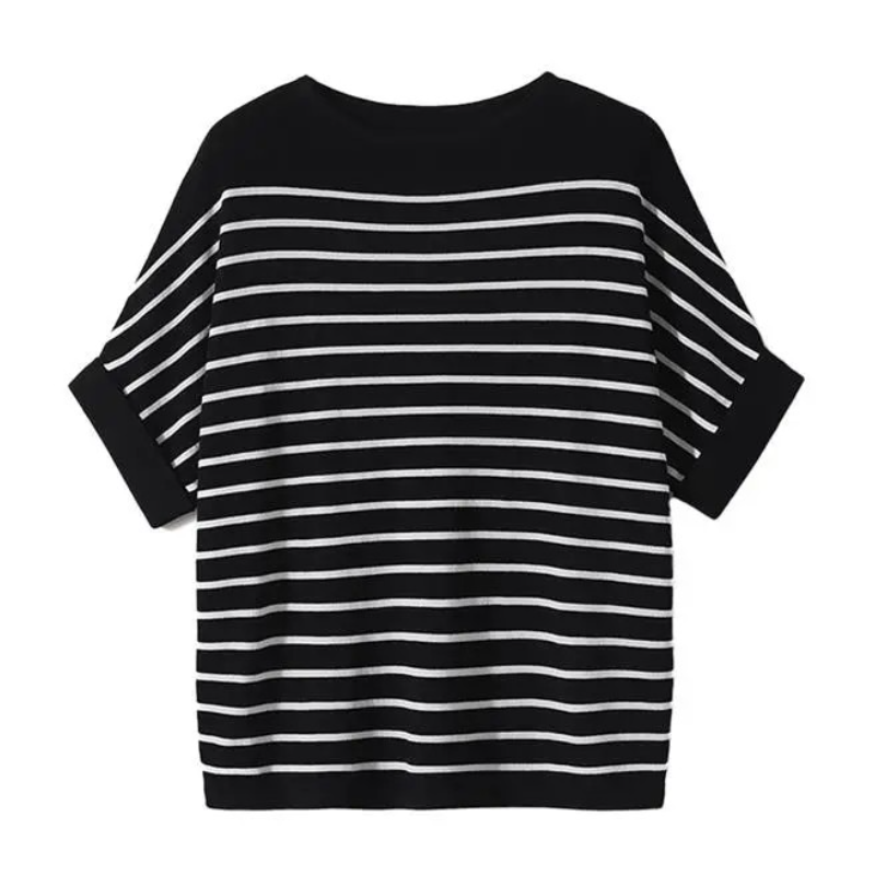 涼感冰絲逆齡短袖上衣 天絲觸感鎖骨微露不曝曬 懶人穿搭百搭條紋蝙蝠袖