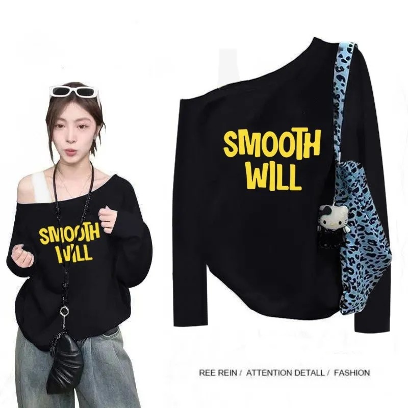 純棉斜肩假兩件長袖T恤 秋季寬鬆 設計感印花 不對稱露肩 百搭