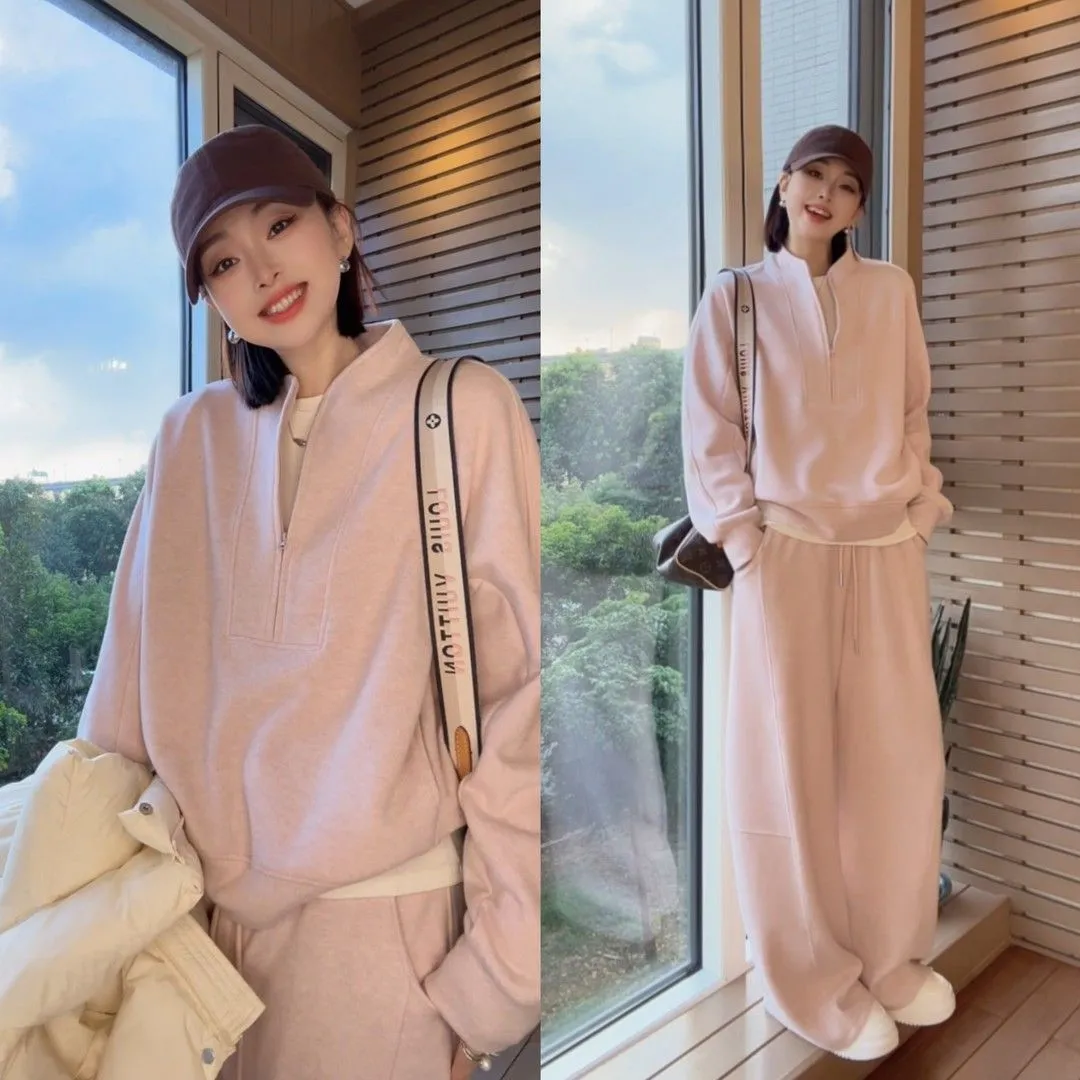 兩件套 新款高級感半拉鏈套裝 顯瘦遮肉休閒寬鬆兩件套