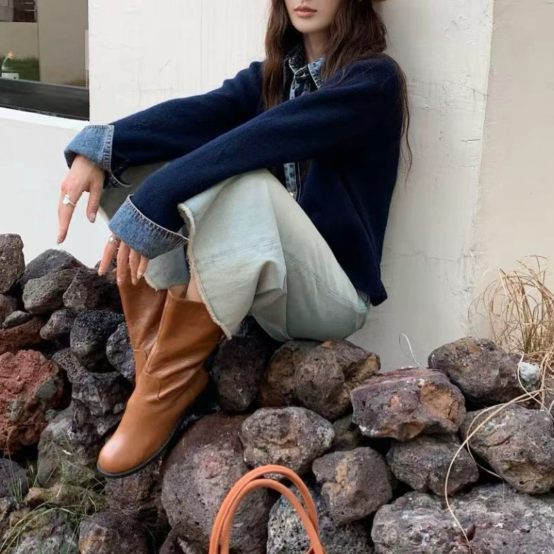 韓系牛仔拼接針織外套 厚磅質感 層次襯領設計