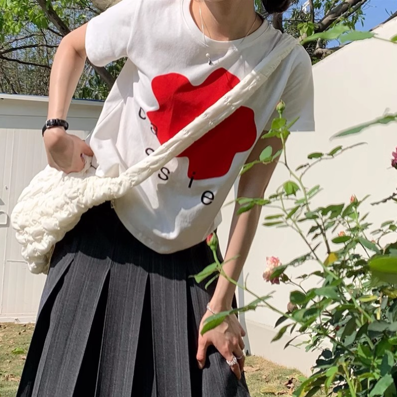 純棉紅花印花T恤 白色短袖 韓系甜美 顯年輕 夏季百搭