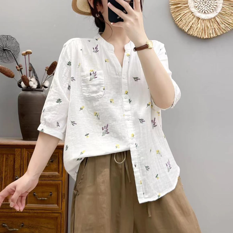 碎花雙層棉紗襯衫 中袖設計 寬鬆舒適 文青風上衣