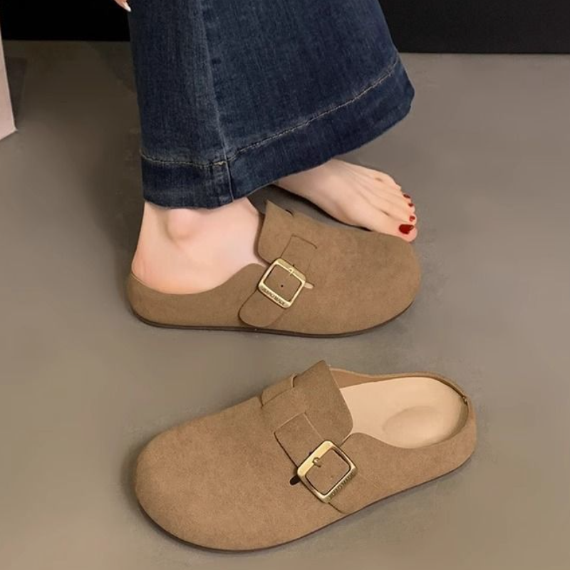 簡約包頭半拖鞋 可調扣帶設計 平底舒適 百搭休閒款