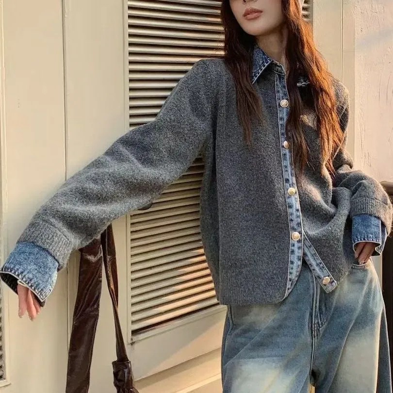 韓系牛仔拼接針織外套 厚磅質感 層次襯領設計