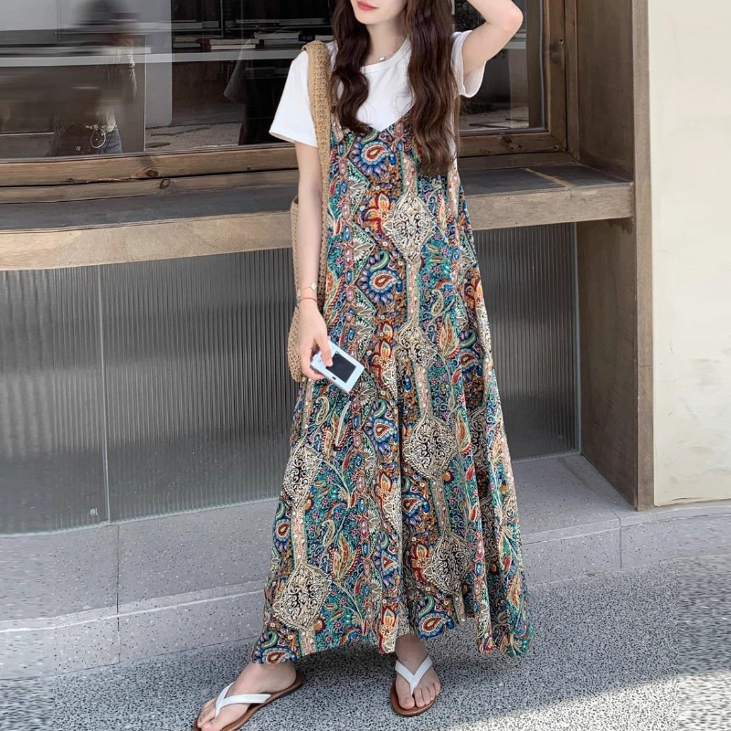 波西米亞拼接印花連身寬褲 復古百搭背帶式寬褲設計款