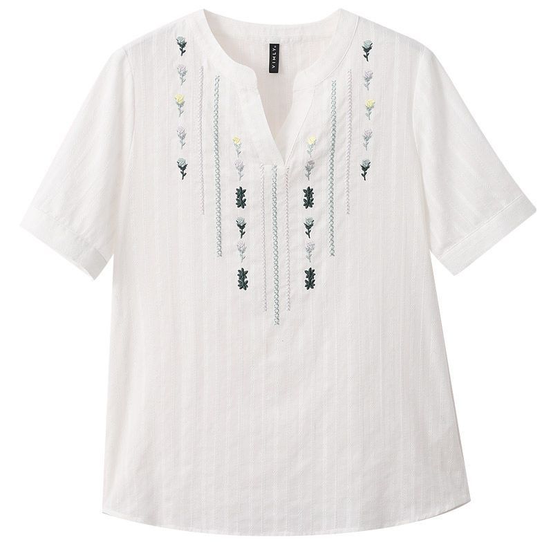 簡約純棉刺繡白色襯衫 百搭短袖寬鬆民族風V領上衣