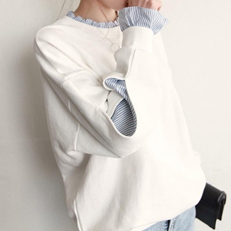 【春人気商品】【2色/M-2XL】薄款假兩件圓領白色TEE襯衫 韓版條紋寬鬆上衣