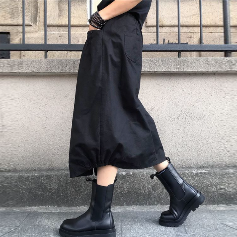 高腰鬆緊燈籠中長裙 春秋百搭 開衩設計 大尺碼友善M-4XL