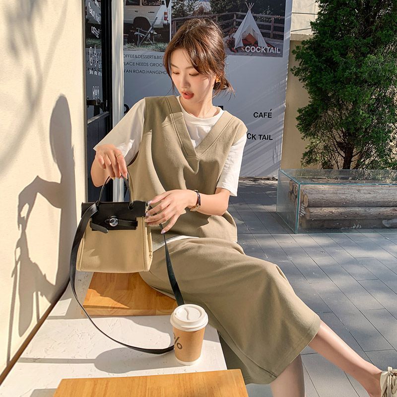 設計感兩件式套裝 V領拼接短袖T恤 配高腰中長裙 成套穿搭 顯瘦有型