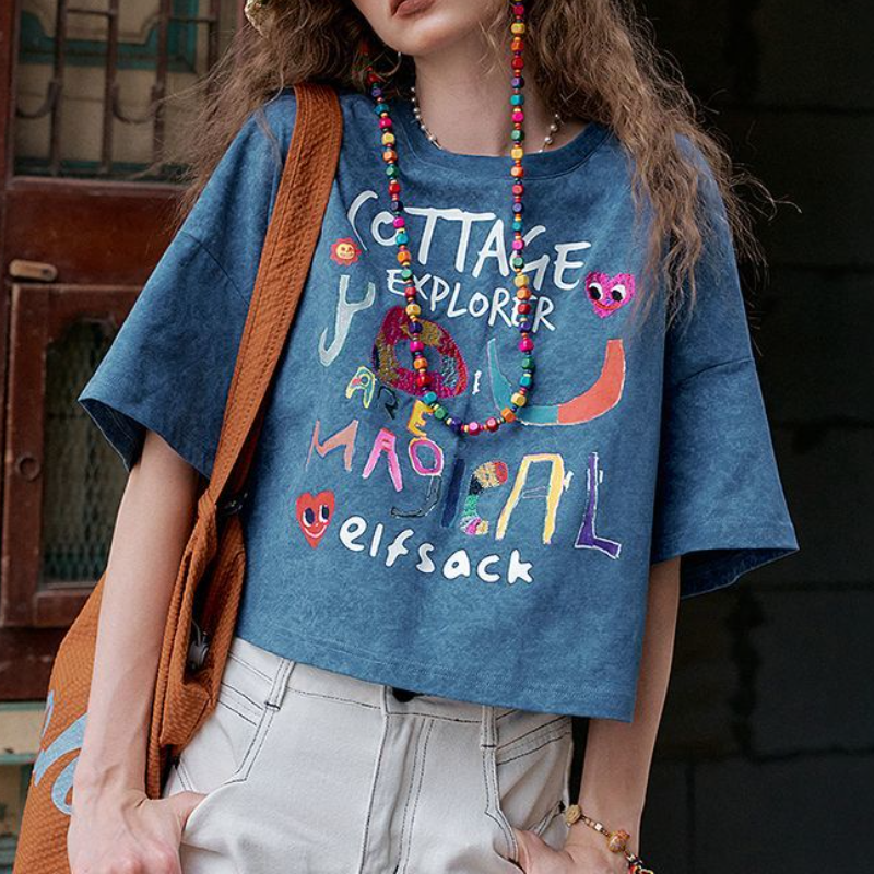 塗鴉字母印花短袖T恤 寬鬆短版休閒款