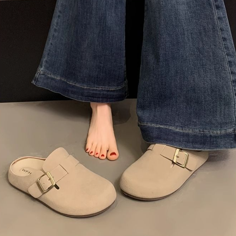 簡約包頭半拖鞋 可調扣帶設計 平底舒適 百搭休閒款