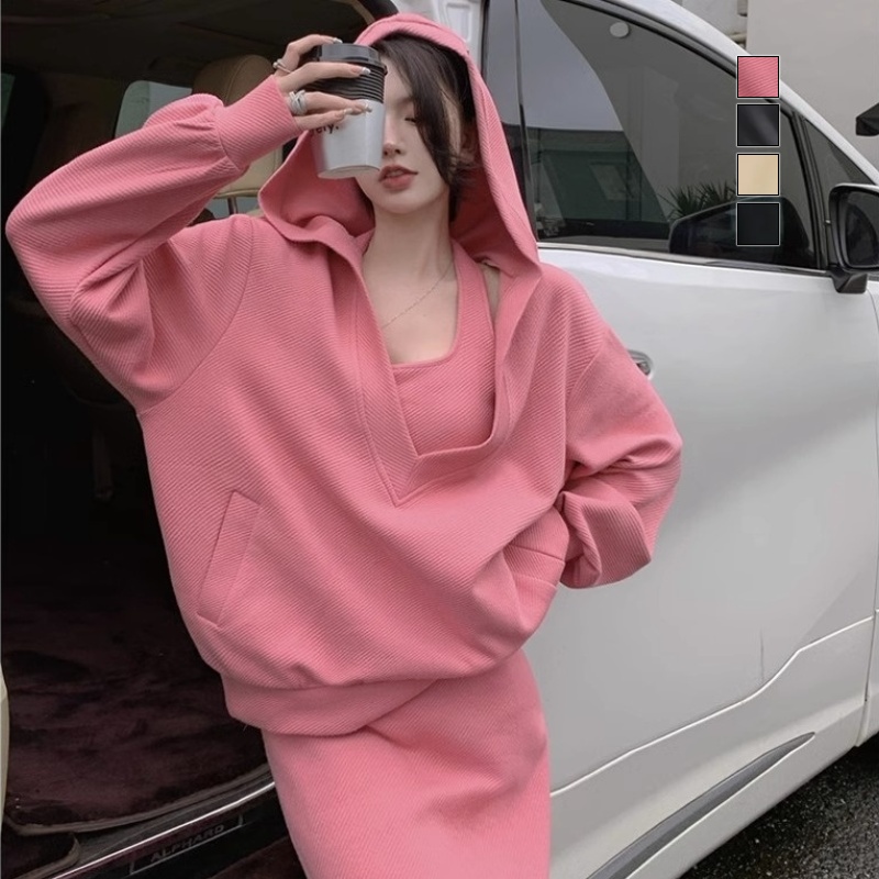 香草味的風 韓版連帽大學TEE套裝 性感吊帶連身裙兩件套