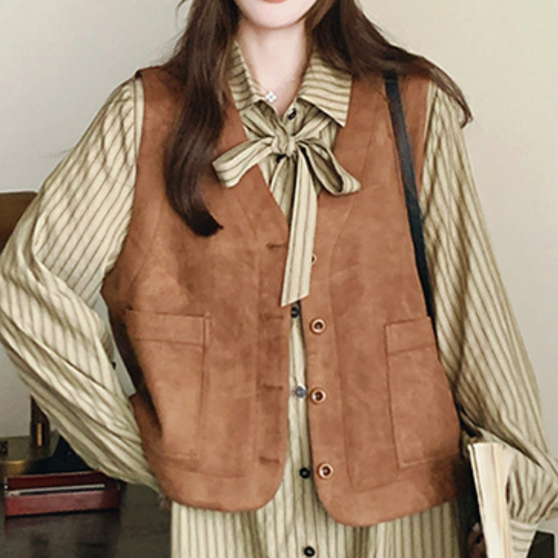 韓系條紋襯衫洋裝＋背心 兩件式套裝 長袖成套穿搭 設計感新款