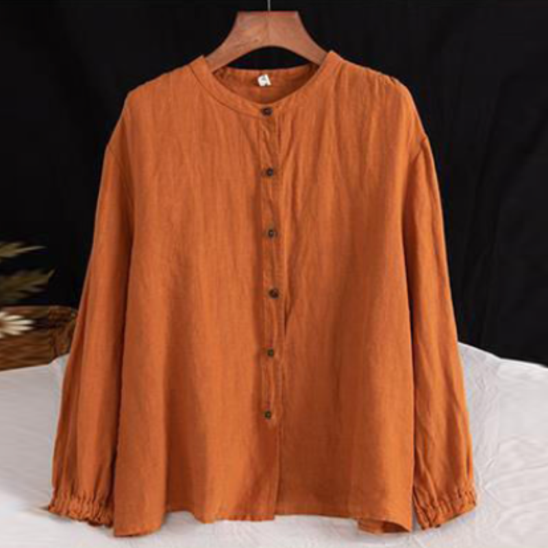 棉麻圓領襯衫外套 文青復古感 春秋長袖 寬鬆版 袖口縮口 好搭上衣