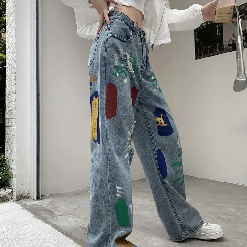 韓系 ‧ 彩色塗鴉牛仔長褲(中性風格男女可穿) 寬鬆破洞牛仔褲 高腰設計直筒寬褲