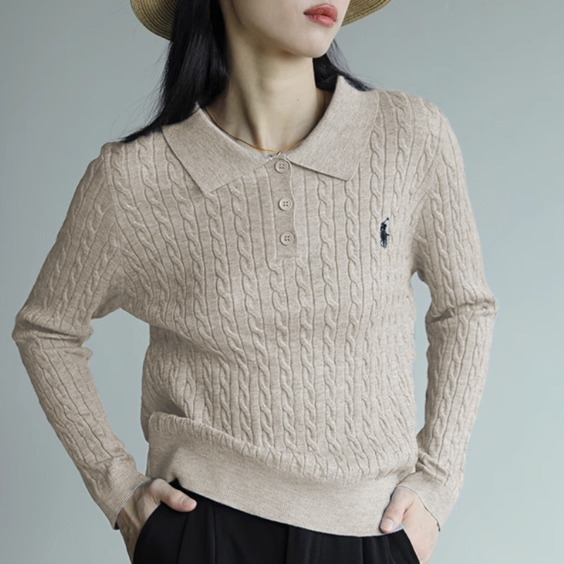 復古灰色翻領刺繡針織衫 通勤麻花毛衣顯瘦上衣