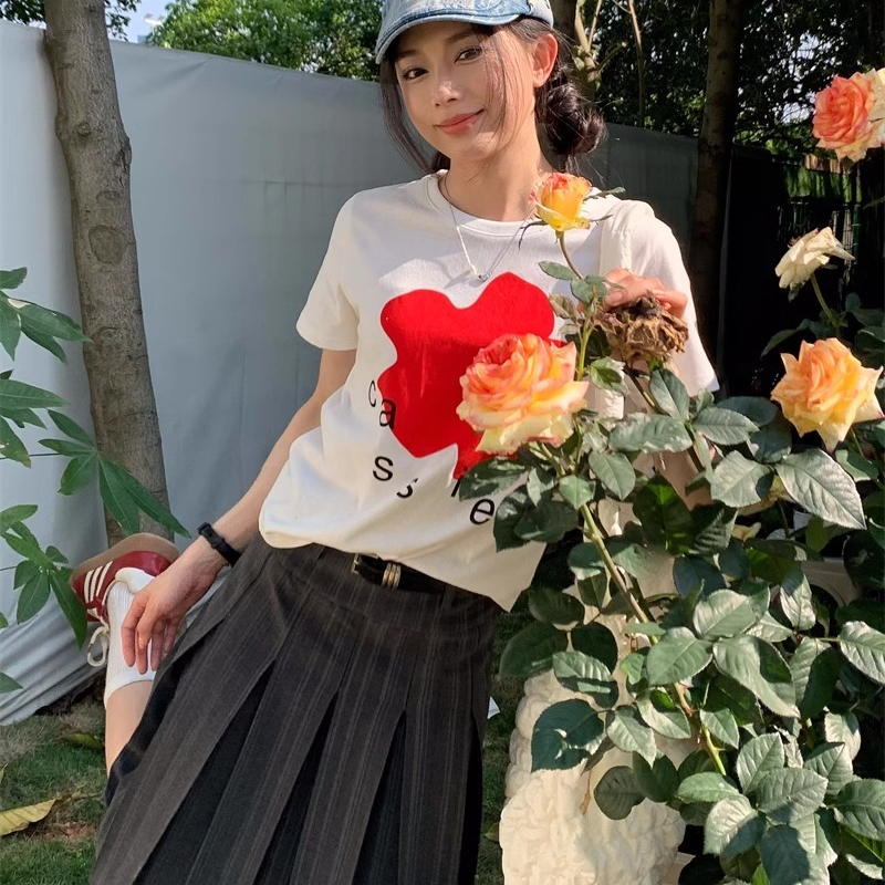 純棉紅花印花T恤 白色短袖 韓系甜美 顯年輕 夏季百搭