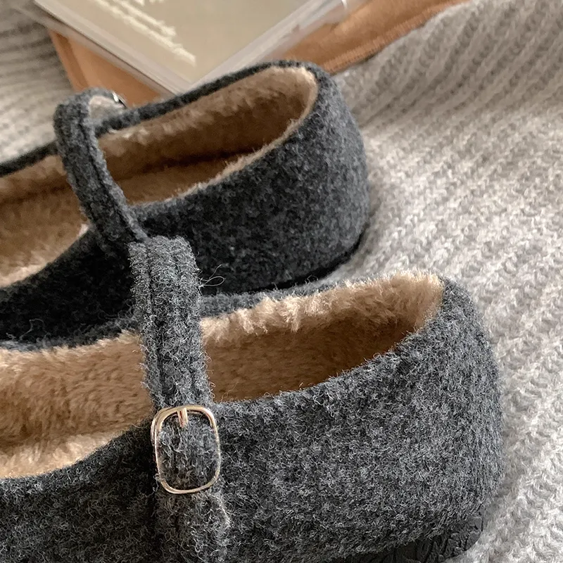 混色高級灰法式瑪麗珍毛毛鞋 內刷毛保暖 秋冬外穿平底鞋