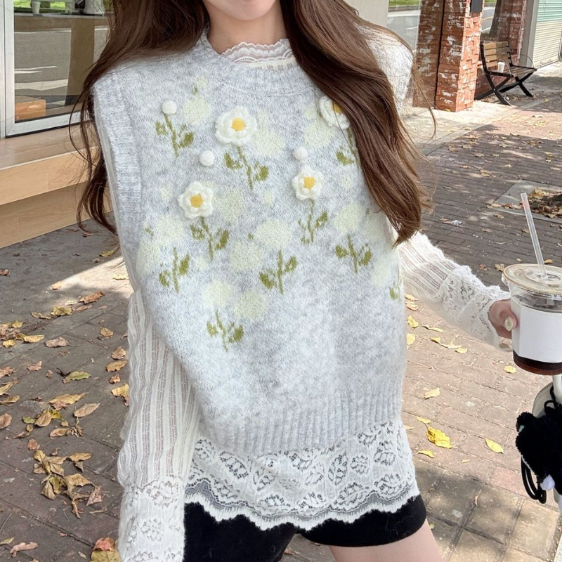 【單品可選】韓系提花針織背心+蕾絲拼接上衣 秋季寬鬆慵懶風背心 花卉刺繡設計