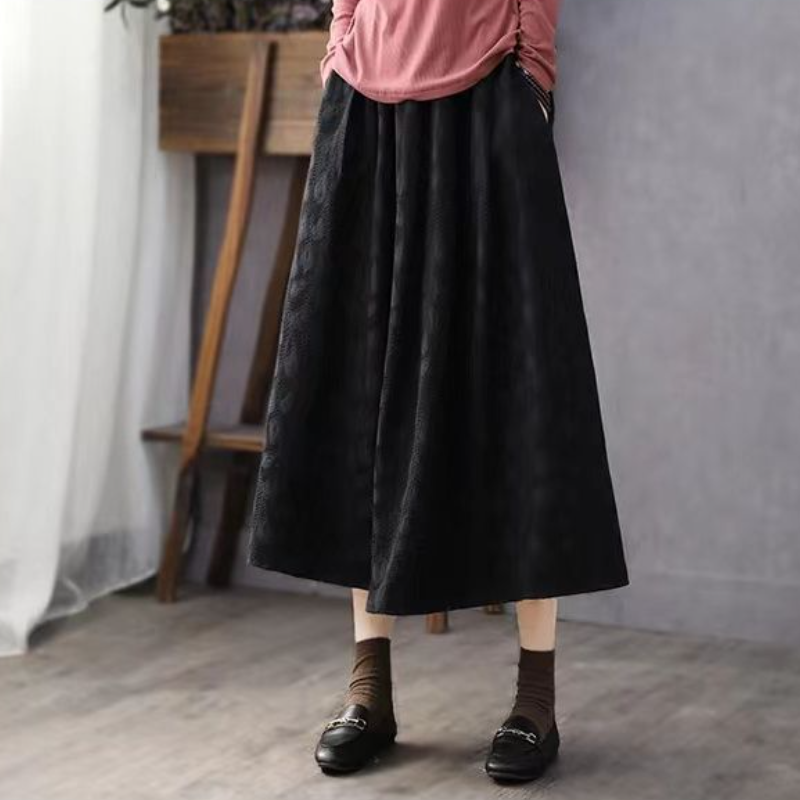 羽毛提花棉質高腰A字中長裙 秋冬文青感 顯瘦顯高