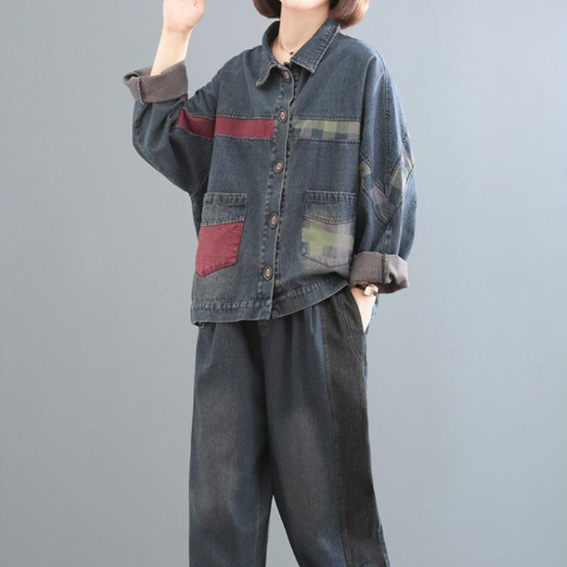復古拼布丹寧外套 大尺碼寬鬆 厚質保暖
