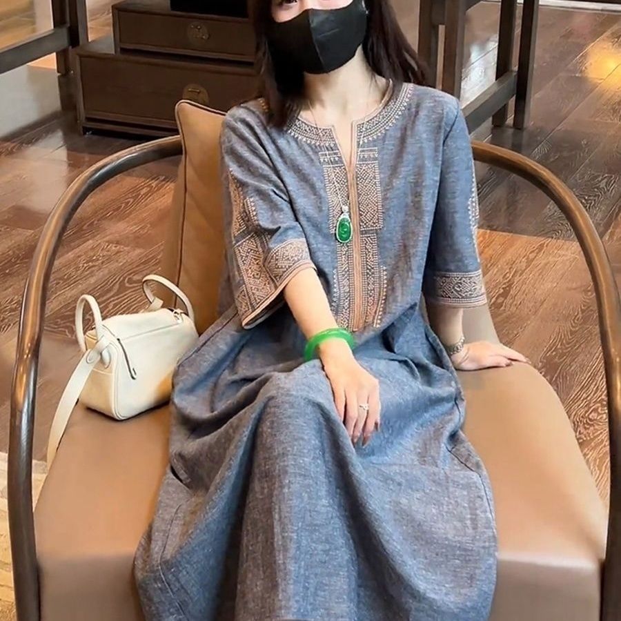 小香風立體刺繡顯瘦棉連身裙 寬鬆休閒大尺碼A字氣質洋裝