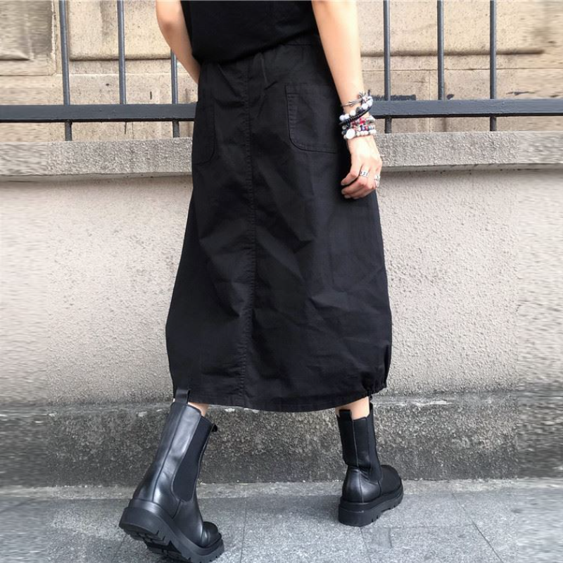 高腰鬆緊燈籠中長裙 春秋百搭 開衩設計 大尺碼友善M-4XL