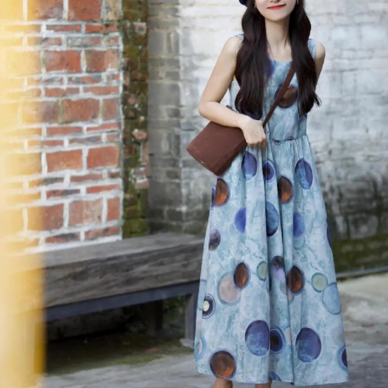 手繪感塗鴉背心裙洋裝 學妹系圓點天絲長裙 抗UV涼感閨蜜裝 獨家版型 社團穿搭師大商圈街拍