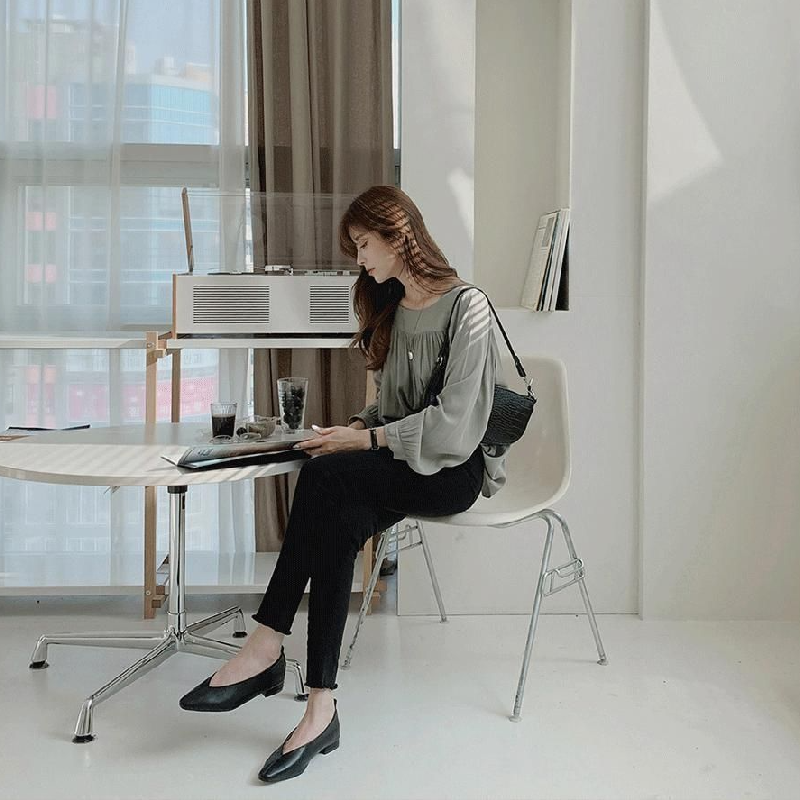 素面長袖雪紡襯衫 春夏法式方領設計感 氣質百搭上衣