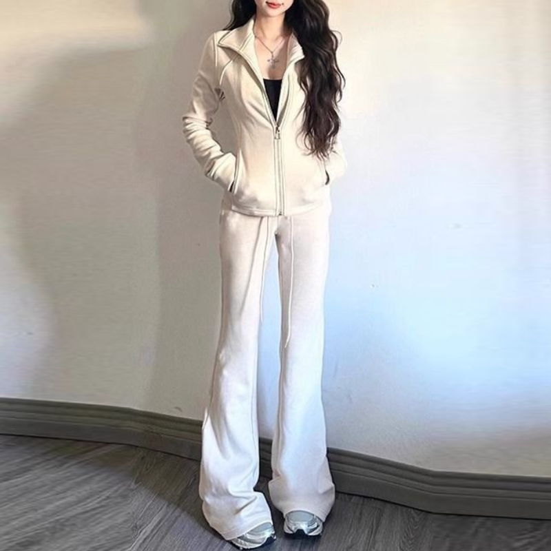 保暖喇叭褲-修身內刷毛棉褲素面彈性加長立體車縫