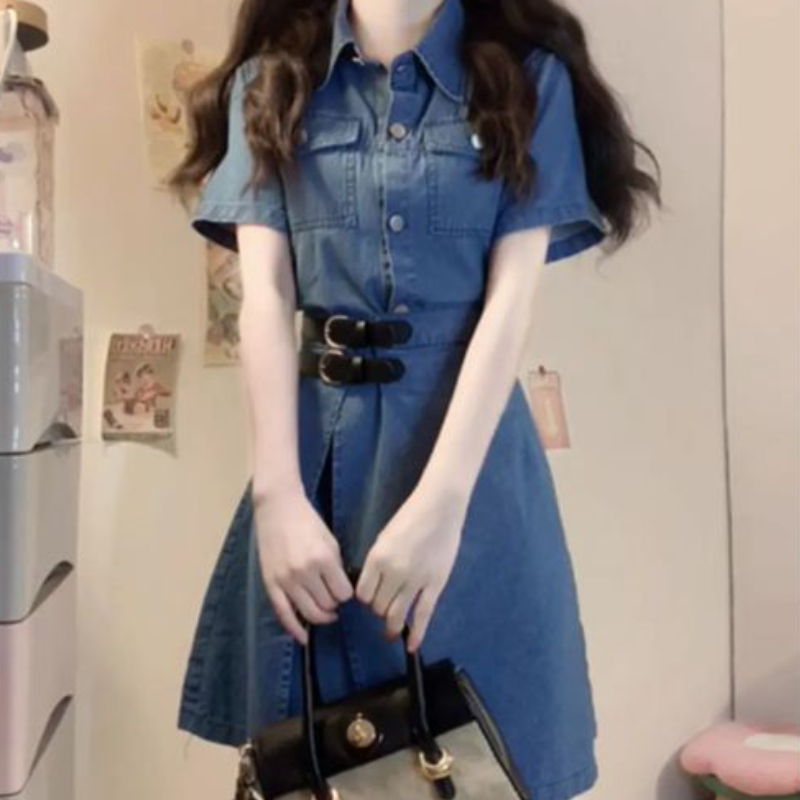 大尺碼牛仔襯衫洋裝 二合一拼接 收腰顯瘦（短版／長版可選）