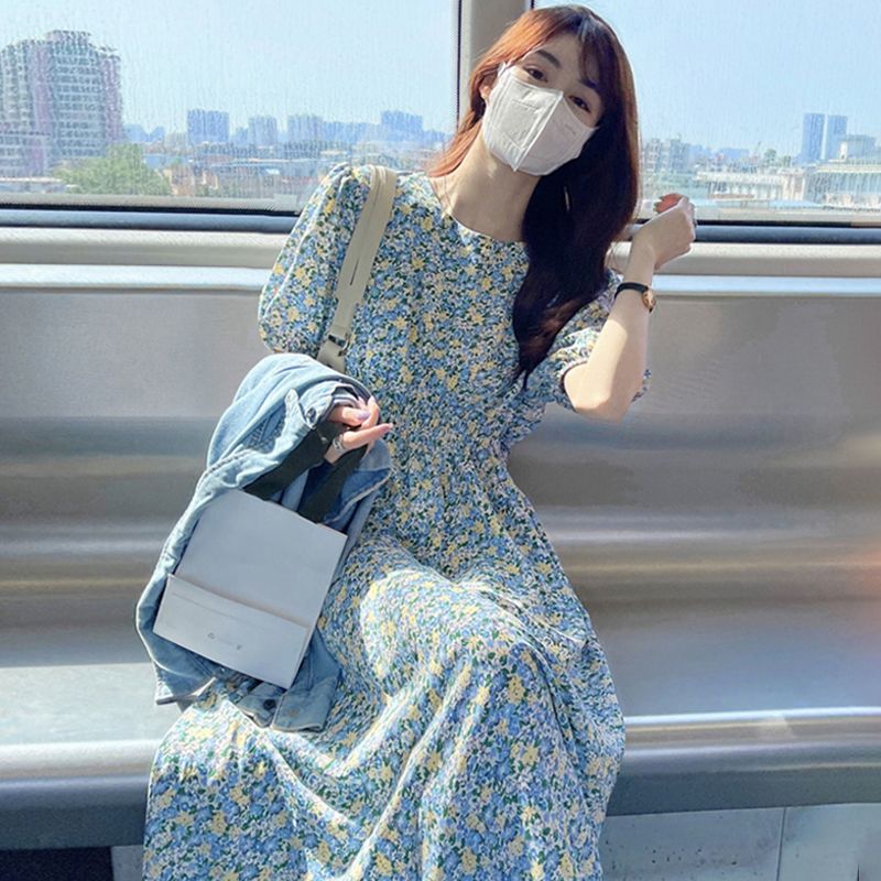 溫柔毆膩浪漫出遊·泡泡袖碎花連身長裙 甜美顯瘦法式氣質洋裝