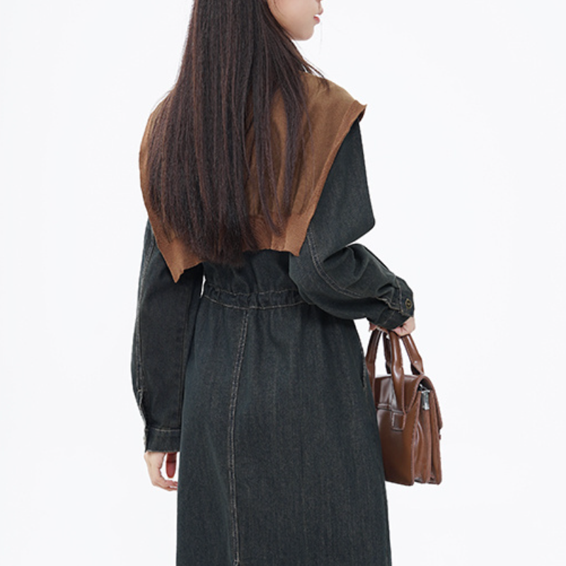 針織披肩牛仔連身裙 秋季新款顯瘦復古收腰系帶設計感撞色長洋 (附披肩)