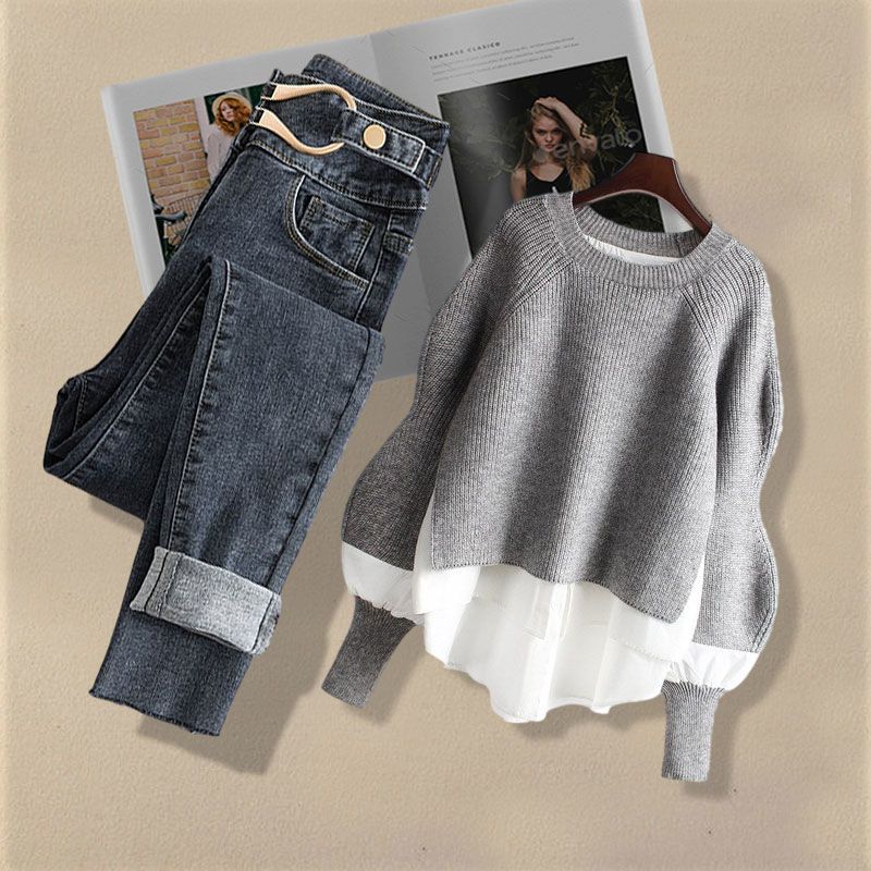 【單品可選】春秋套裝拼接針織上衣顯瘦牛仔褲兩件式組合