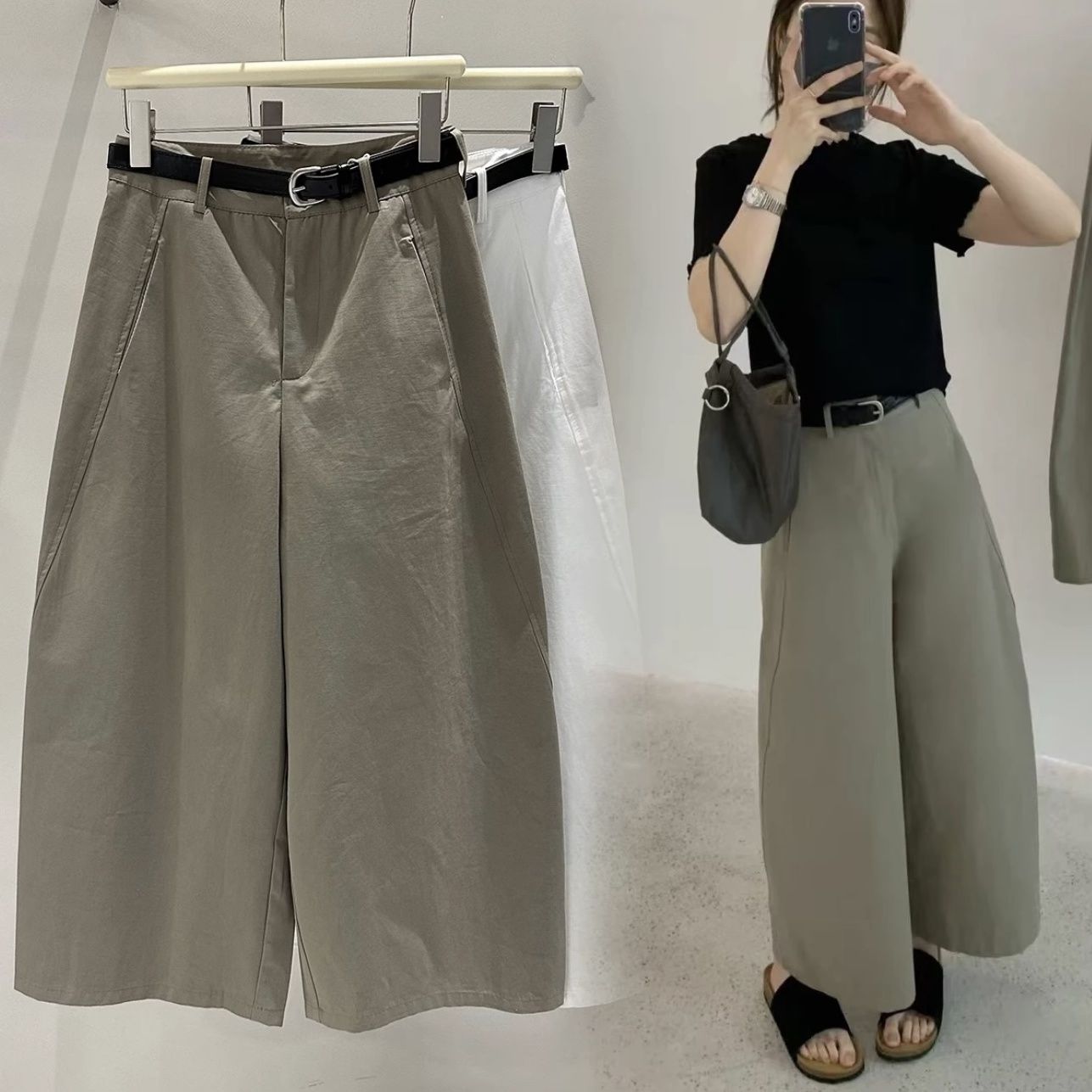 純棉韓系九分立體剪裁休閒寬褲 高腰簡約顯瘦休閒